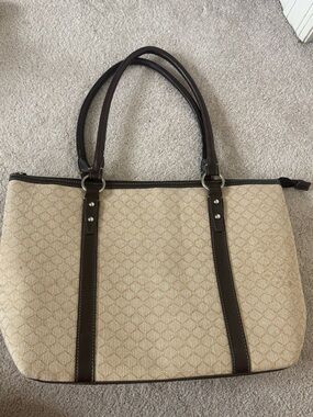 Classic Croft & Barrow Beige Canvas Tote Bag Brown Trim Large Work Travel Purse